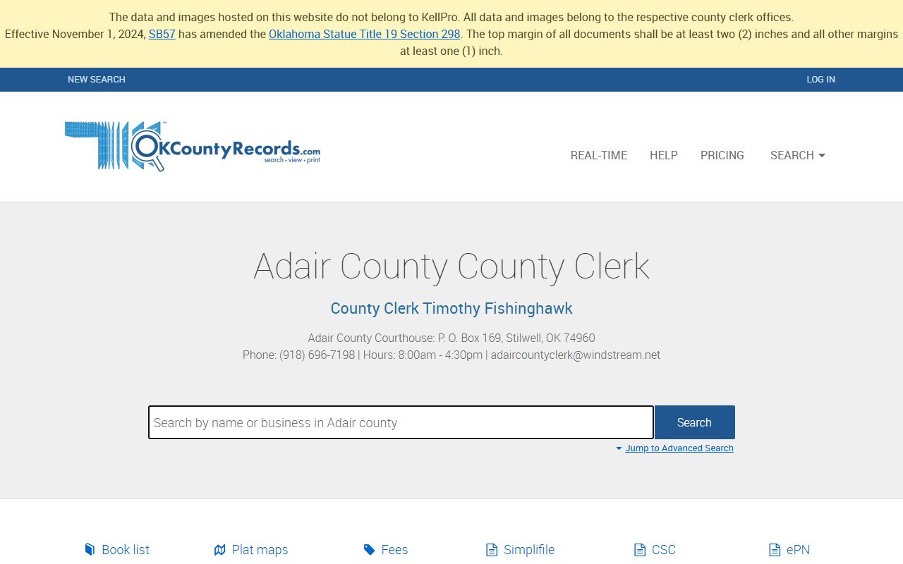 Adair County deed records search portal on OKCountyRecords