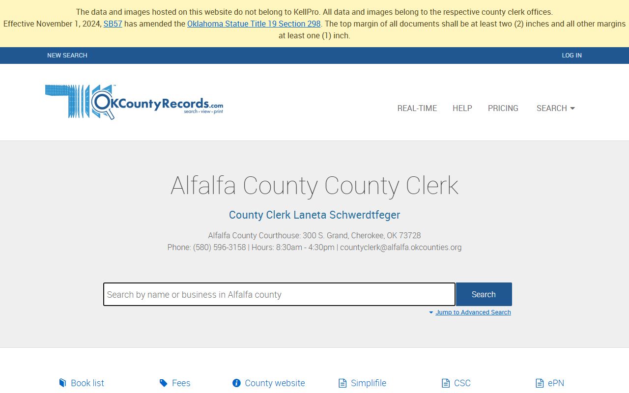 Alfalfa County deed records search portal on OKCountyRecords
