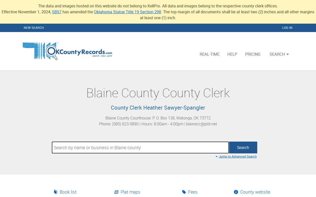 Blaine County deed records search portal on OKCountyRecords