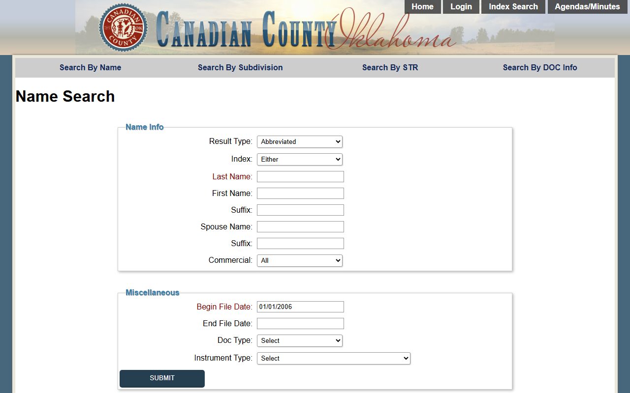 Canadian County deed records name search with wildcard asterisk fields