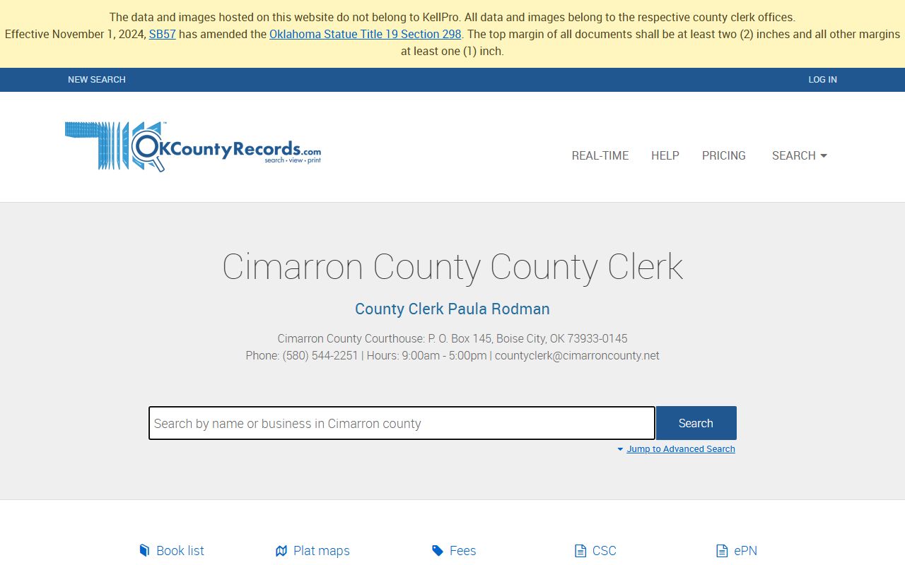Cimarron County deed records search portal on OKCountyRecords