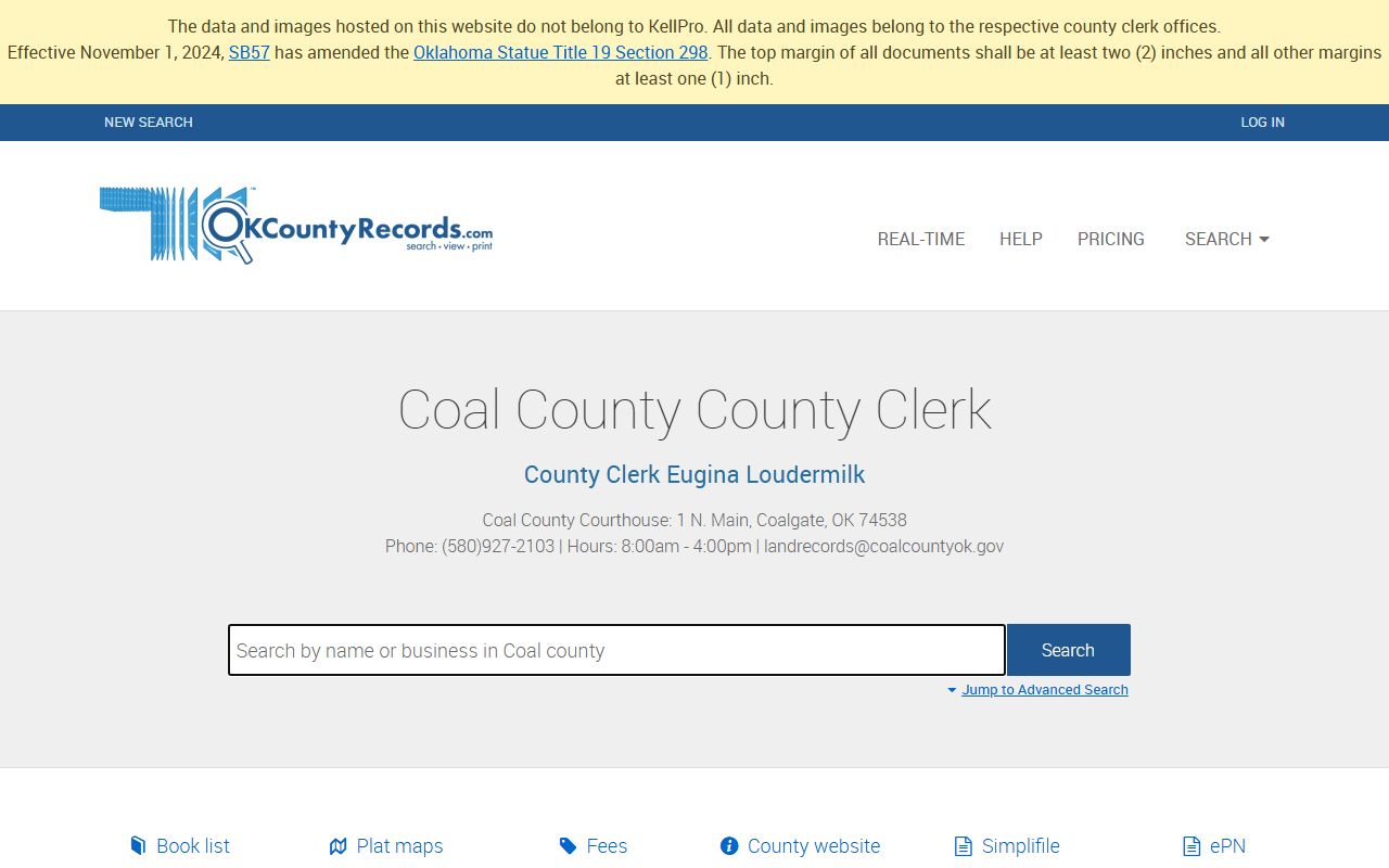 Coal County deed records search page on OKCountyRecords portal