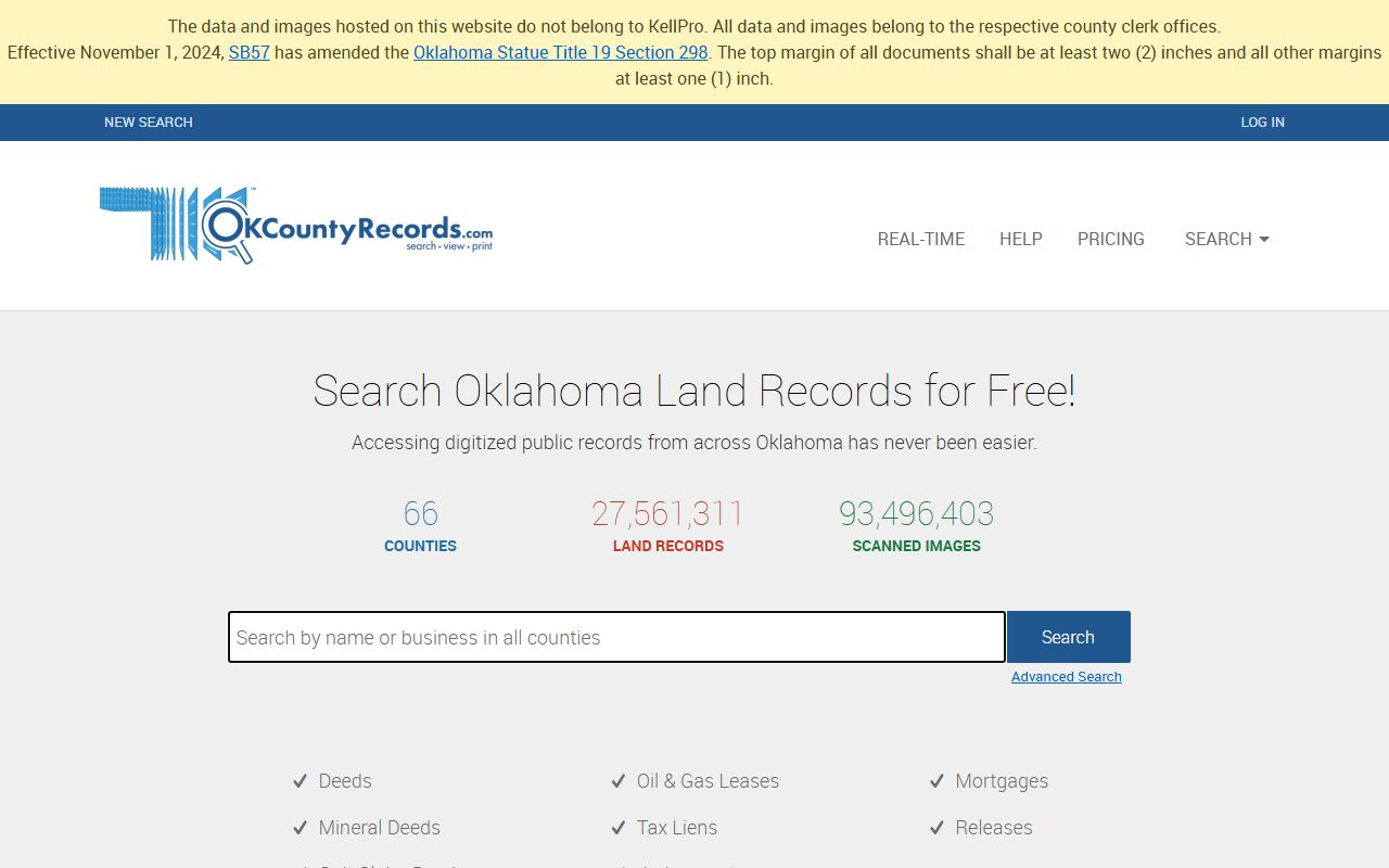 Creek County deed records search portal on OKCountyRecords