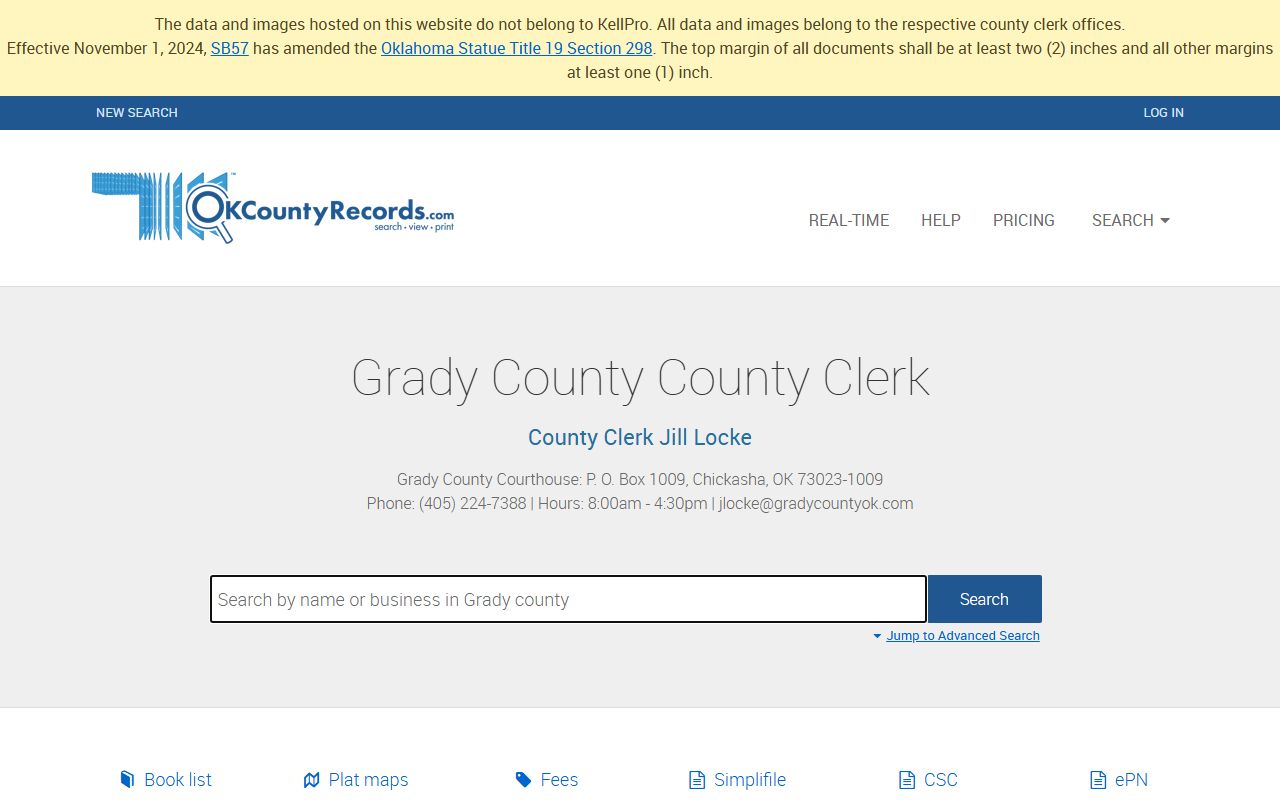 Grady County deed records search portal on OKCountyRecords.com