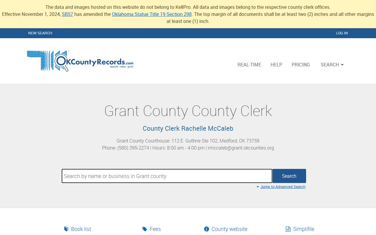 Grant County deed records search portal on OKCountyRecords.com
