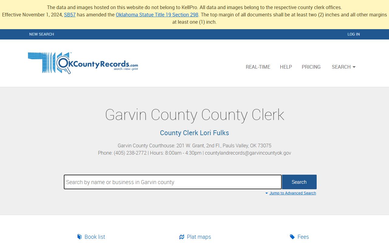 Garvin County deed records search portal on OKCountyRecords.com