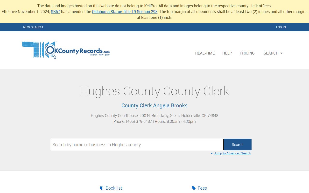 Hughes County deed records search page on OKCountyRecords