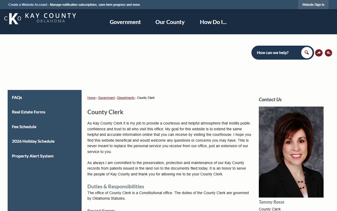 Kay County Clerk home page for Kay County deed records