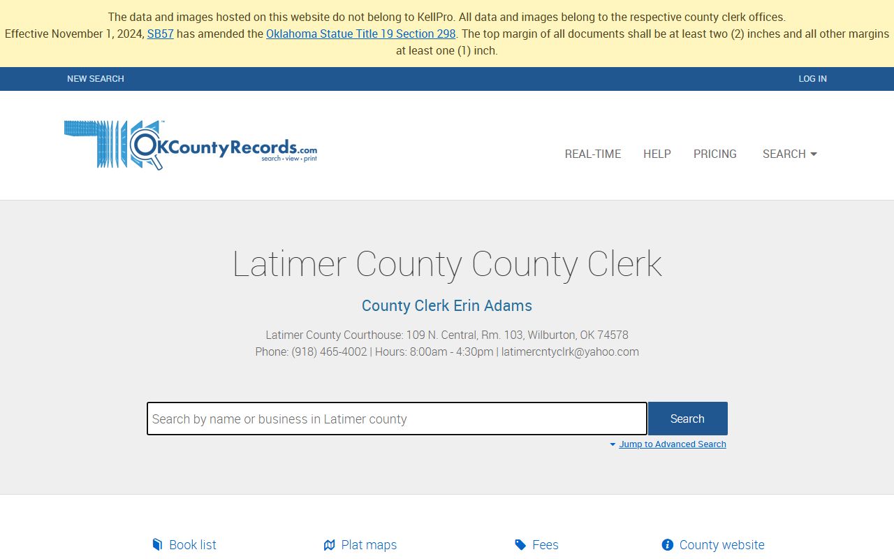 Latimer County deed records search page on OKCountyRecords