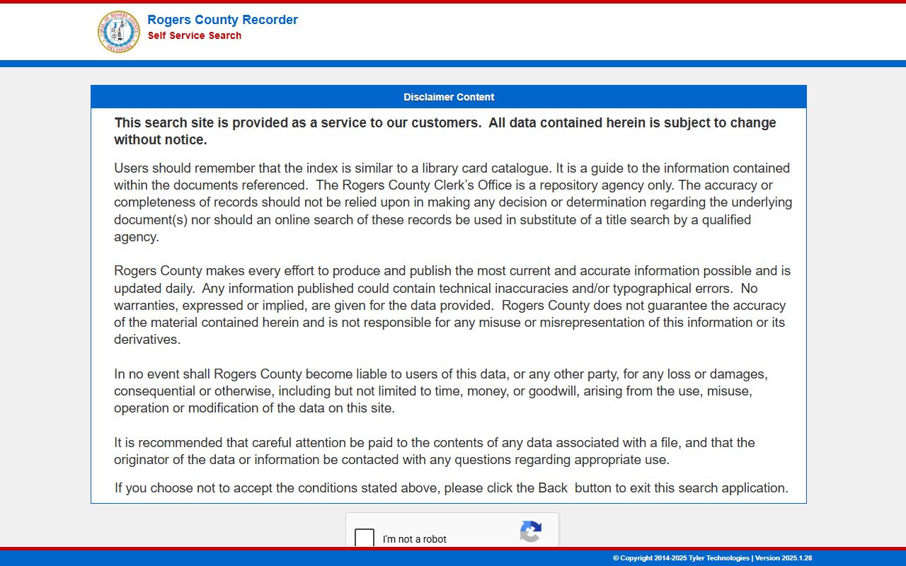 Rogers County Eagle Recorder disclaimer page for deed records search