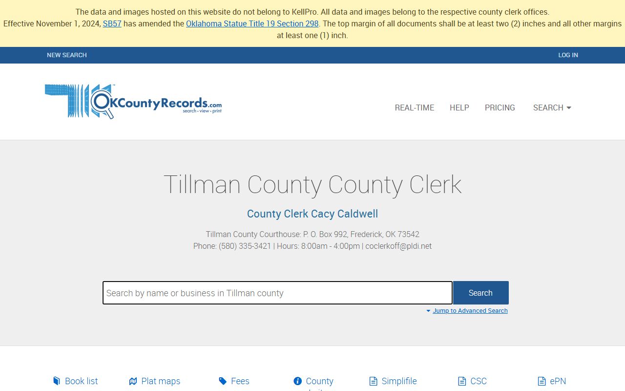 Tillman County deed records search page on OKCountyRecords portal
