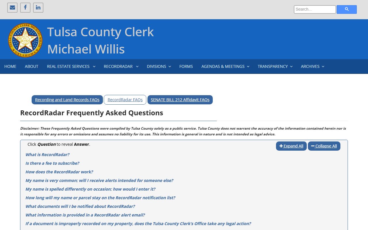 Tulsa County RecordRadar FAQ page for deed records