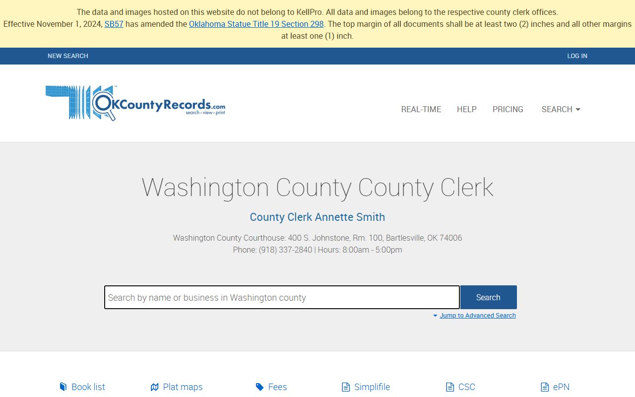 Washington County deed records search page on OKCountyRecords portal